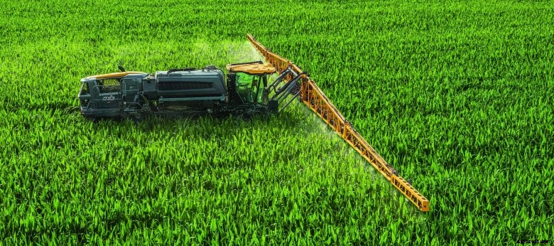 A self-propelled Hagie sprayer in a green corn field